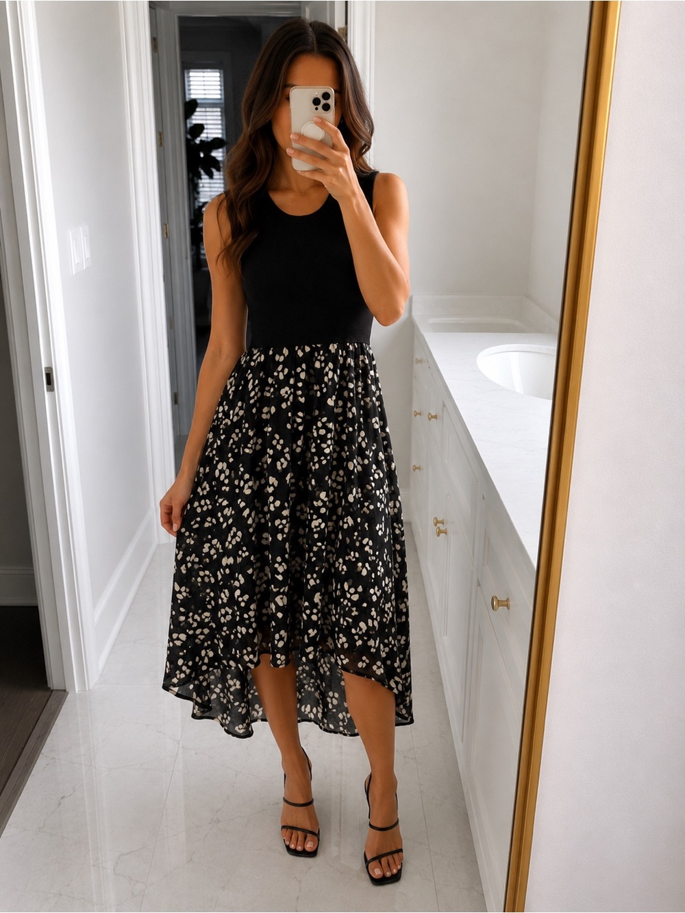 DKNY Black Floral High-Low Midi Skirt with Cream Accents